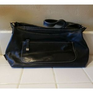 FOSSIL Shoulder Bag Purse 12" Black Pebbled Leather Contrast Stitching Baguette